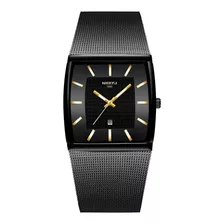 Reloj De Pulsera Nibosi Ni2376 De Cuerpo Color Negro, Analógico, Para Hombre, Fondo Negro, Con Correa De Acero Inoxidable Color Negro, Agujas Color Dorado Y Blanco, Dial Dorado, Bisel Color Negro Y De