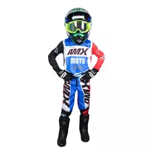 Conjunto Motocross Infantil Azul/vermelho/branco + Colete 