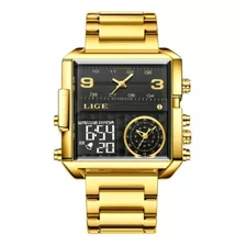 Relógio Dourado 40mm Digital Analógico 3atm Aço Luxo 146g 