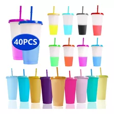 40 Vasos Magicos Cambian De Color Con Tapa Y Popote 710ml