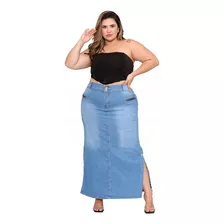 Saia Longa Jeans Abertura Lateral Plus Size - Azul Claro