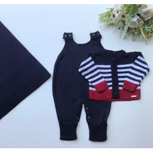 Saída Maternidade Menino Azul Marinho Listrada Tricot 3 Pças