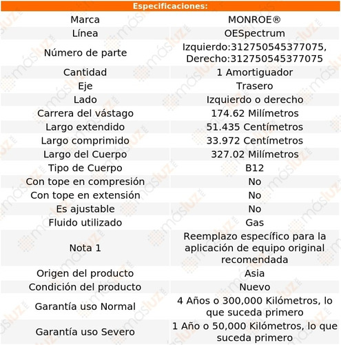 (1) Amortiguador Tra Oespectrum Gas Der O Izq Metro 98/01 Foto 2