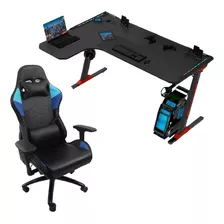 Set Silla + Escritorio Gamer Luz Led Rgb Ergonomica Color Azul Material Del Tapizado Cuero Sintético