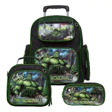 Kit Mochila Hulk Escolar Com Rodinhas E Lancheira E Estojo