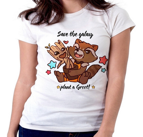Blusa Camiseta Feminina Baby Look Salve Galáxia Plante Groot