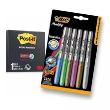 Kit Post-it Preto 3m - 60 Folhas 7,6x7,6cm + 6 Canetas Bic