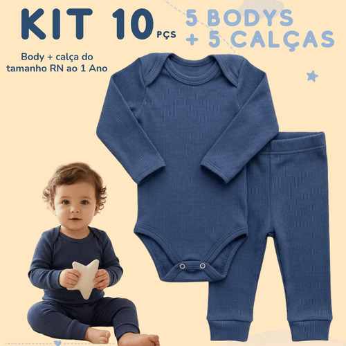 Kit 5 Conjuntos Body Manga Longa Calça Canelado Bebê Algodão