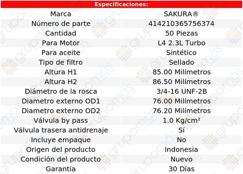 Caja De 50 Filtros Para Aceite Sinttico 6 L4 2.3l 06/07 Foto 2