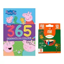 Livro Infantil 365 Desenhos P/ Colorir Peppa Pig + Lápis Cor