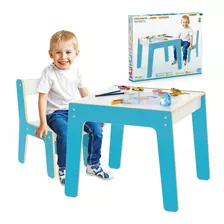 Mesa Mesinha E Cadeira Infantil Madeira Criança Azul