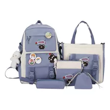 Mochila Coreana De 5 Piezas Kawai Con Pines Y Peluche Nk500