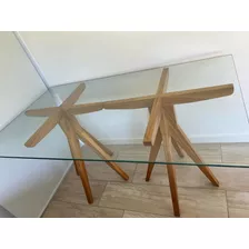 Mesa Vidrio Patas Madera 1,40x0,80