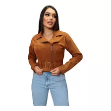 Jaqueta Feminina Suede Casaco Camurça Detalhes Cinto Ziper