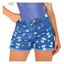 Short Jeans Feminino Estampado Desenho Borboleta Escuro