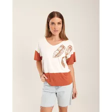 Blusa Zinzane Feminino Bicolor Detalhe Folhas - Off White