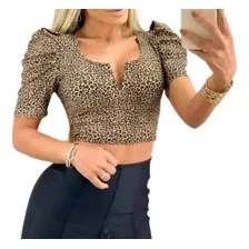 Blusa Cropped Onça Decote V Com Bojo Manga Curta Princesa