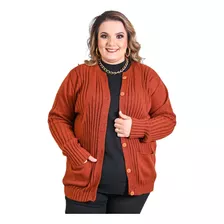 Casaco Luciana Tricot Plus Size Com Botões E Bolsos R:1143