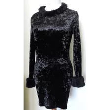 Vestido Plush Negro Con Piel