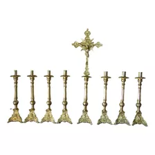 Conjunto Missa Altar Bronze 7 Castiçais 33cm 1 Crucifixo 57c