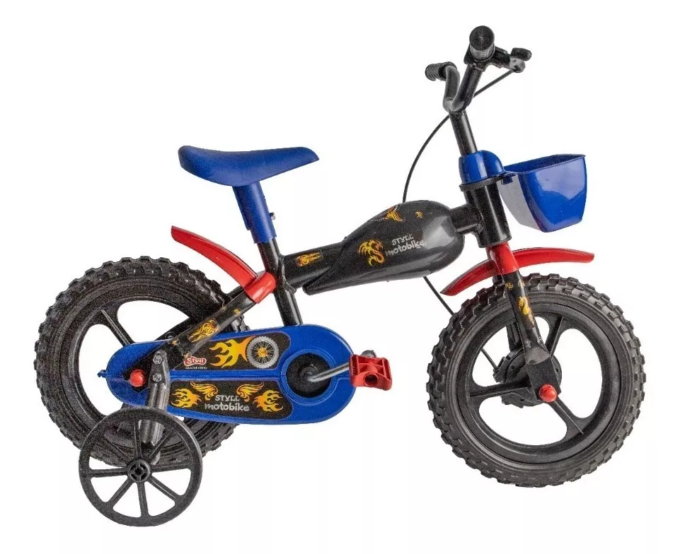 Bicicleta Infantil Styll Baby Moto Bike Aro 12 Cor Preto/azul/vermelho Com Rodas De Treinamento