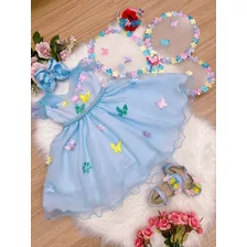 Vestido Infantil Azul C/ Aplique Borboletas Flores + Asa
