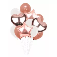 Balão Bexiga Metalizado E Látex Kit Buque 12 Peças P/ Festa Cor Rosê