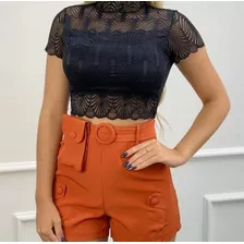 Blusa Cropped Feminino Gola Alta Renda Bojo Manga Curta Tend