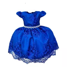Vestido Infantil Azul Royal C/ Renda Realeza Cinto Pérolas