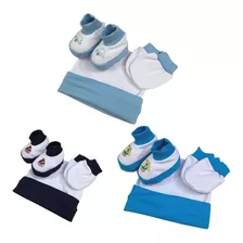 Kit Sapato Luva E Touca Bebê Bordado Para Menino 3 Kit Azul