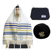 Talit Messiânico Azul C/ Tzitzit + Bolsa + Kipá Preto Torá