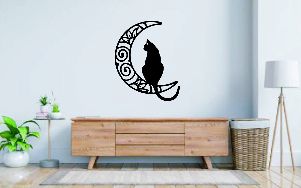 Cuadro Luna Gato Relieve Mdf Madera Calada 50x50cm 