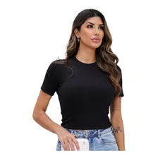 Blusa Camiseta Feminina Gola Alta Canelada Com Manga M Ao Gg