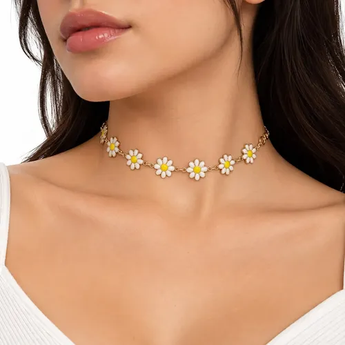Choker Collar Gargantilla Flores Margaritas Blanco  Mujer Dorado