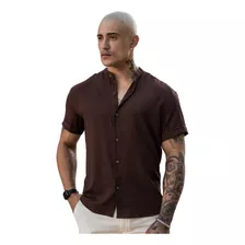 Camisa Social Masculina Gola Padre Manga Curta Linho Premium