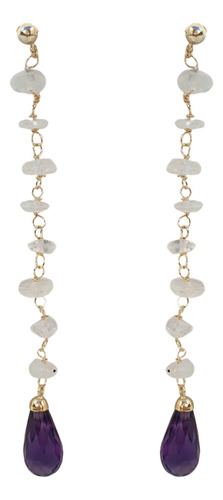 Brinco De Ouro 18k 750 Com Cristais Quartzo E Ametistas Amarelo