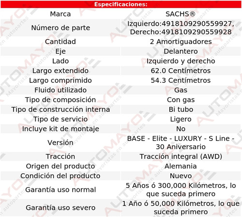 2) Amortiguadores Gas Delanteros Sachs Q7 V8 4.2l 2007-2015 Foto 2