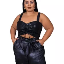 Cropped Top Em Paetê Brilho Franzido Decote Plus Size