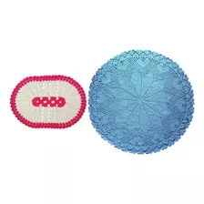 Kit Tapete Crochê Oval Branco Rosa 57cm E Coração 1,18m Azul