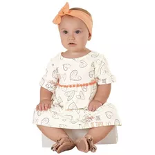 Vestido Bebê Manga Curta Corações Creme Up Baby