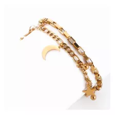 Promo! Elegante Pulsera Cadena Doble Luna Estrellas 18k 