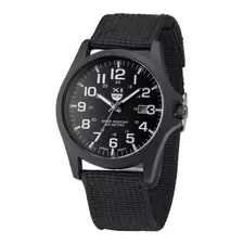 Reloj Análogo Militar Acero Manilla Algodón Color Negro