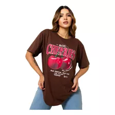 Camiseta Feminina Cereja Larga Estampada Modinha Cores