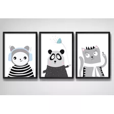 3 Quadros Coelho Panda Gato Decoração Quarto Infantil Bebê