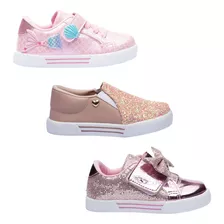 Kit 3 Pares Tênis Infantil Feminino Glitter Leve Confortável