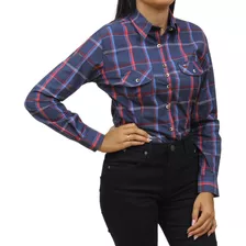 Camisete Feminina Xadrez Azul Manga Longa Os Vaqueiros 33386