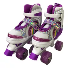 Patins Quad Roxo Regulável Rodinhas Led Arco Iris Lindo 