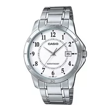 Reloj De Pulsera Casio Enticer Mtp-v004 De Cuerpo Color Plata, Analógico, Para Hombre, Fondo Blanco, Con Correa De Acero Inoxidable Color Plata, Agujas Color Plata, Dial Negro, Minutero/segundero Negr