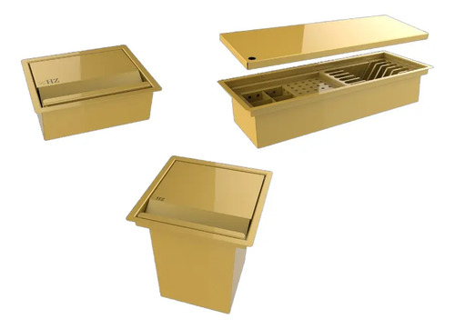 Kit Calha 50cm C/ Tampa+ Lixeira 3,9l+ Porta Esponja Dourado Dourado