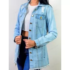 Jaqueta Jeans Feminina Comprida Barra Desfiada Azul